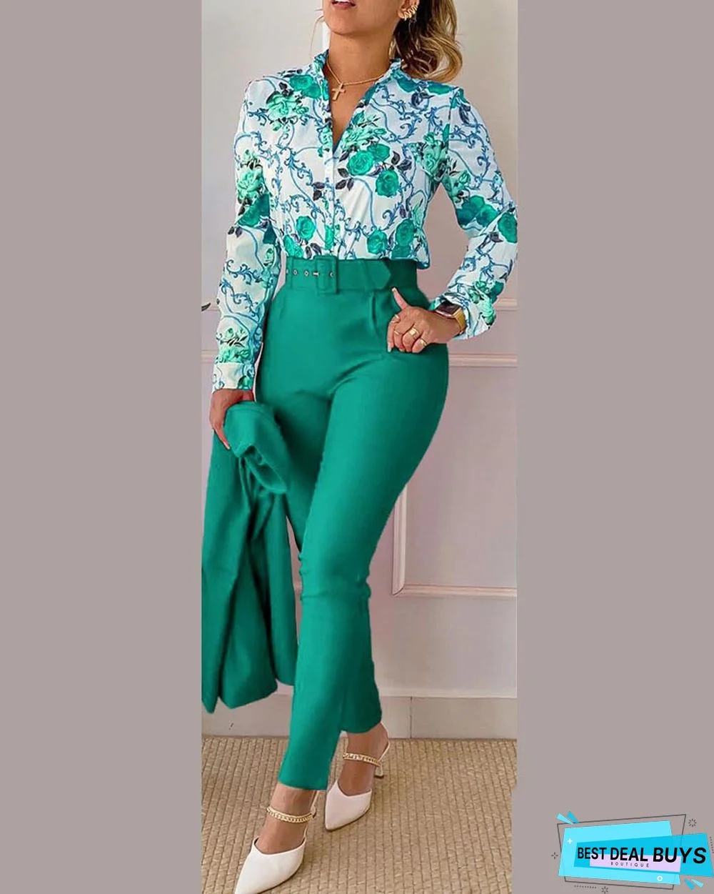 Women Long Sleeve Printed Shirt + Solid Pant Casual Two-Piece Set (No Jacket)