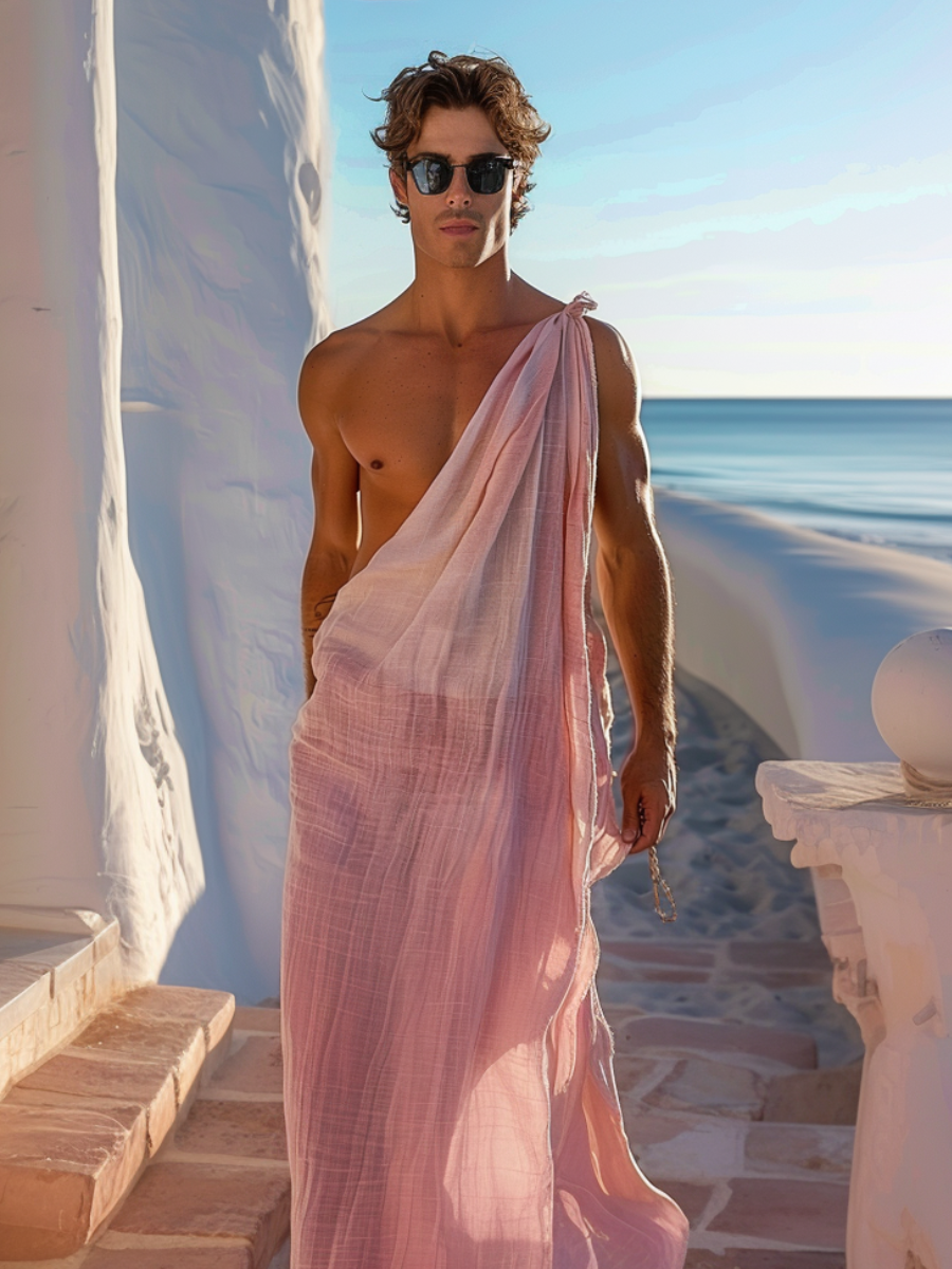Men's One-shoulder Pink Linen Style Party Kaftan Caftan