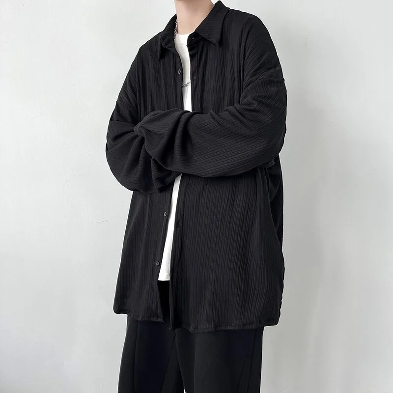 Pleated Shirt Men Fashion Oversized Casual Shirt Men Streetwear Korean Loose Long Sleeved Shirt Mens Elastic Solid Color Shirts
