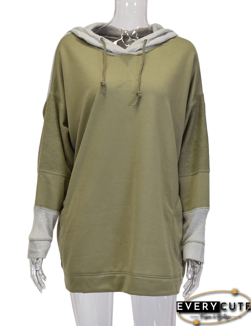 Waffle Knit Splice Army Green Pocket Hoodie