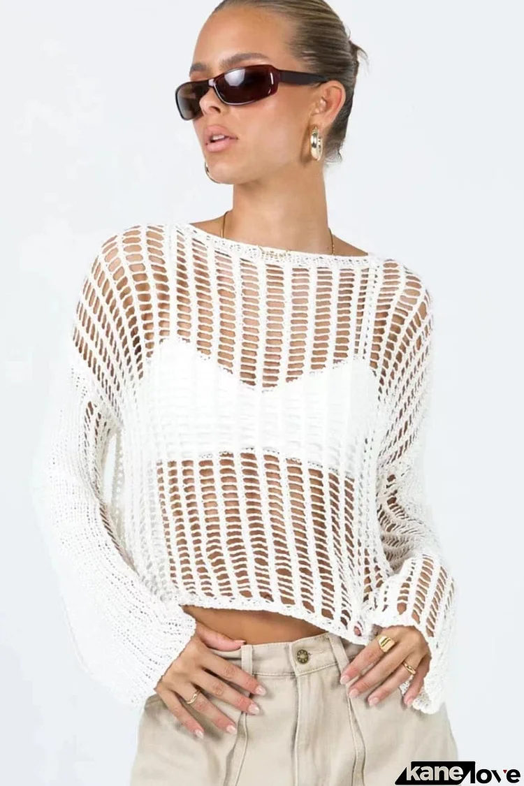 Openwork Boat Neck Long Sleeve Cover Up