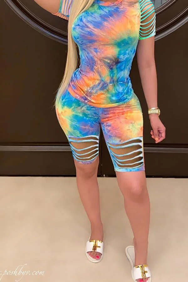 Blue Fashion Sexy Print Tie Dye Burn-out Two Piece Suits pencil Short Sleeve Two Pieces