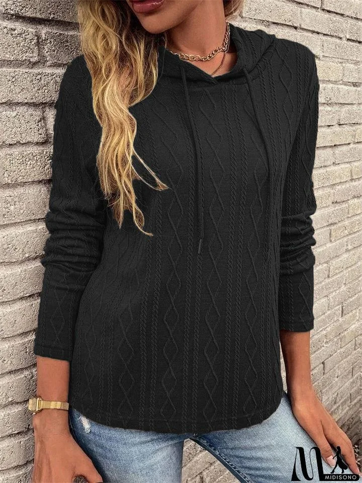 MidiSono - Female Solid Color Knitted Threaded Bar Drawstring Hoodies