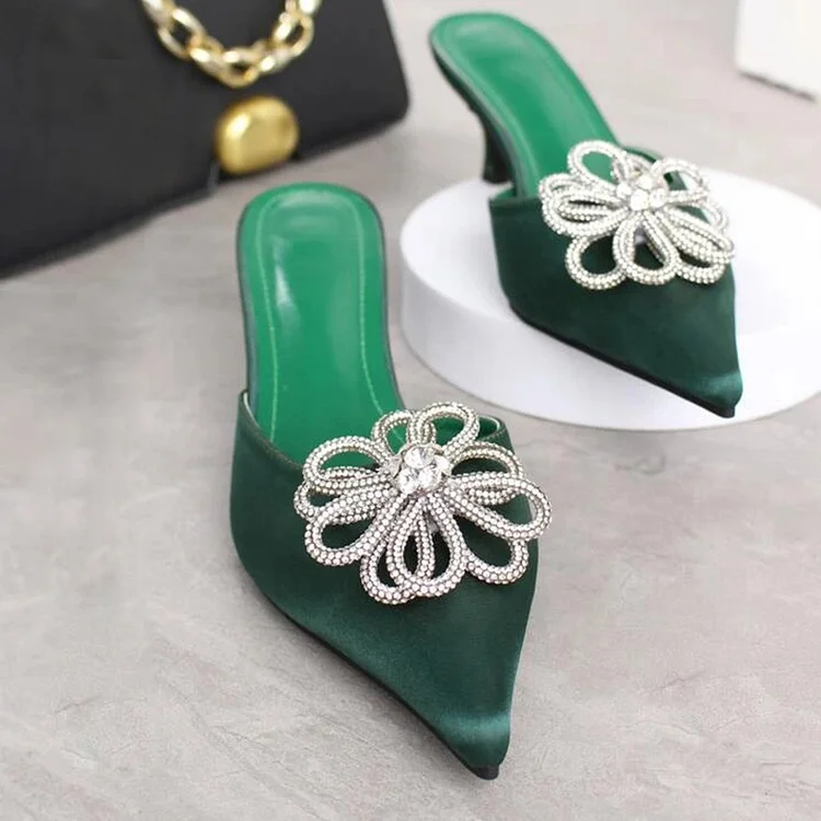 FSJ Green Satin Rhinestone Flower Pointed Toe Heeled Mules for Women |FSJ Shoes