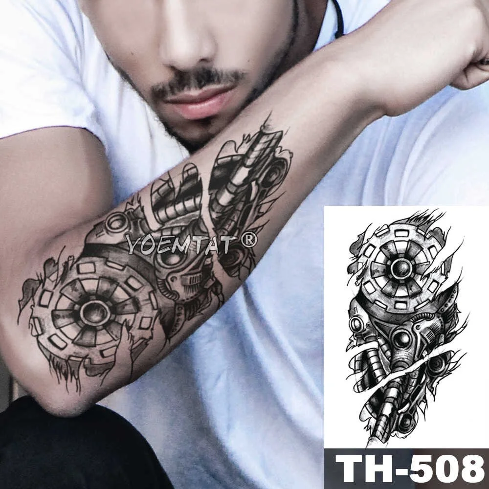 Metal Mechanical Gear Arm Temporary Tattoo Sticker Electricity 3D Bionic Waterproof Tatto Robot Body Art Fake Tatoo Men Women