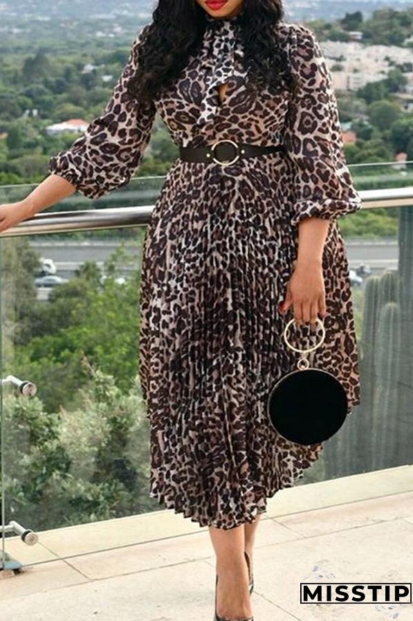 Leopard Print Half Sleeve Pleated Midi Dresses