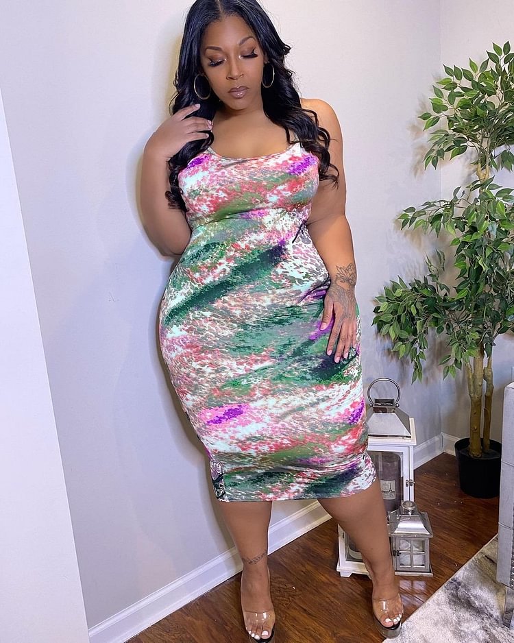 Large Size Tie-dye Print Sexy Bag Hip Vest Dress-Mayoulove