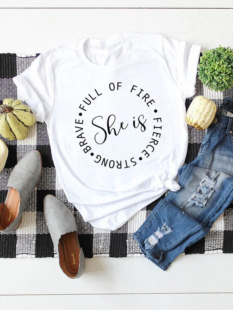 Bestdealfriday She Is Strong Feminist Graphic Short Sleeve Crow Neck Loose Tee