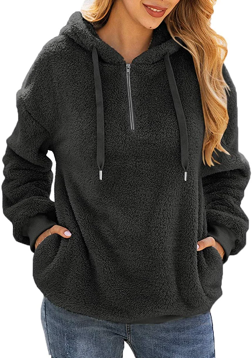 Women's Winter Fuzzy Fleece Coat Oversized Hooded Pullover Sweatshirt Outwear with Pockets