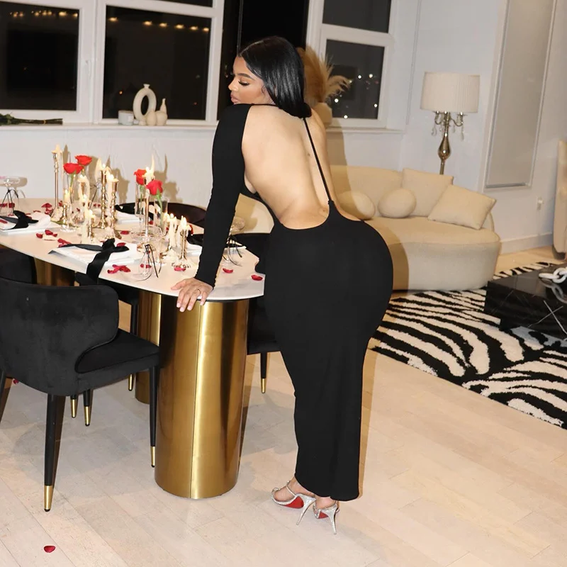 Uveng Uveng Ins Solid Fashion Bag Dress Rounded Backed Long Sleeved Sexy Dress