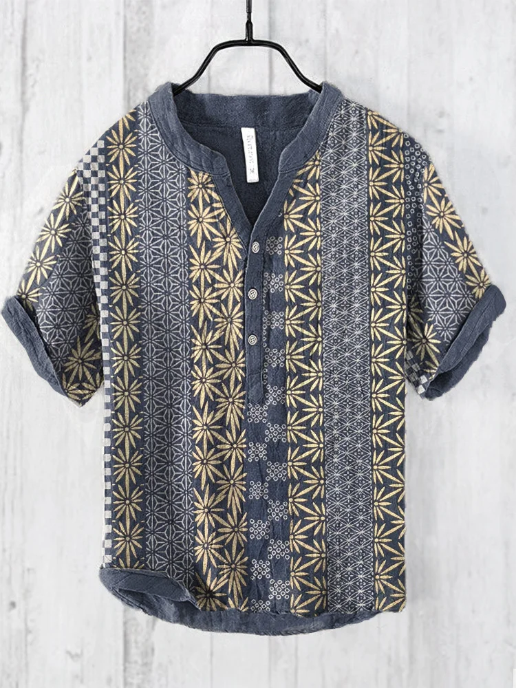 Comstylish Japanese Art Traditional Pattern Cozy Cotton Linen Shirt