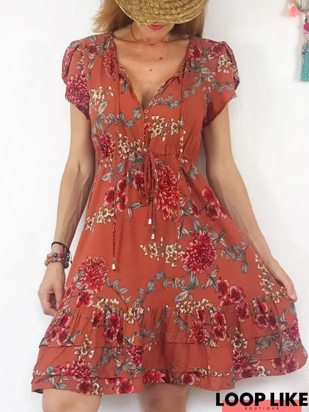 Brick Red Printed Short Sleeve V Neck Weaving Dress