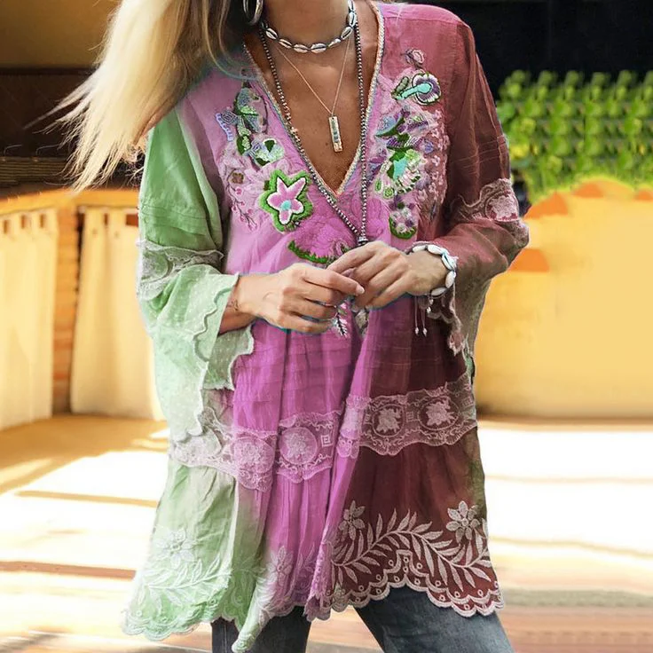 VChics Vintage Boho Purple Floral Embroidered Color Block Patchwork Linen V-neck Tunic