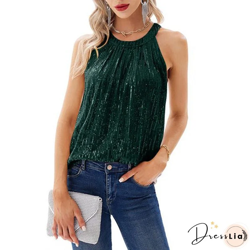 Women's Summer Solid Color Halter Sequined Slightly Tops