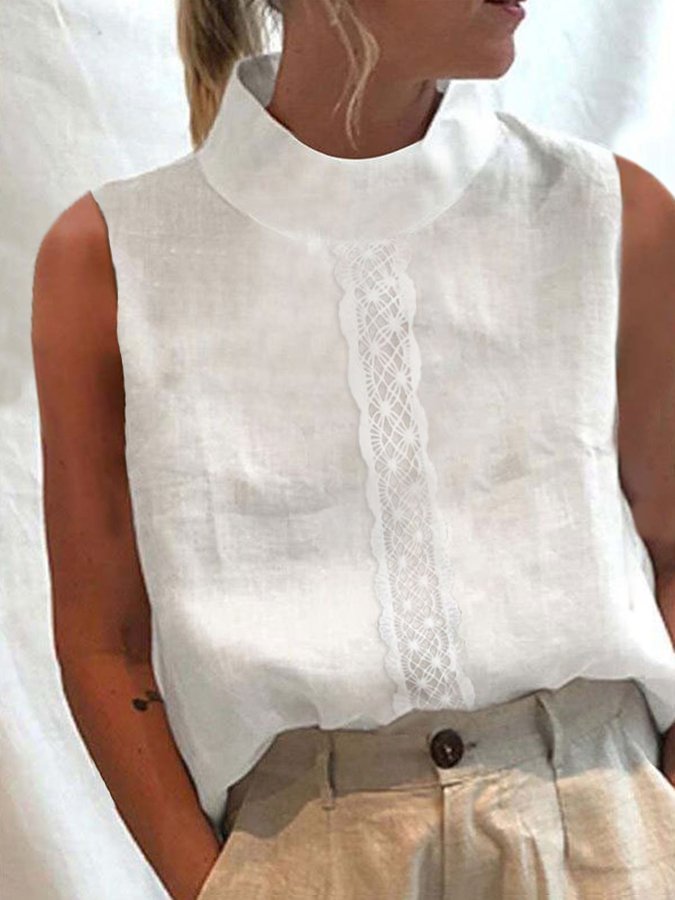 Women's Cotton Linen Lace Turtleneck Sleeveless Shirt