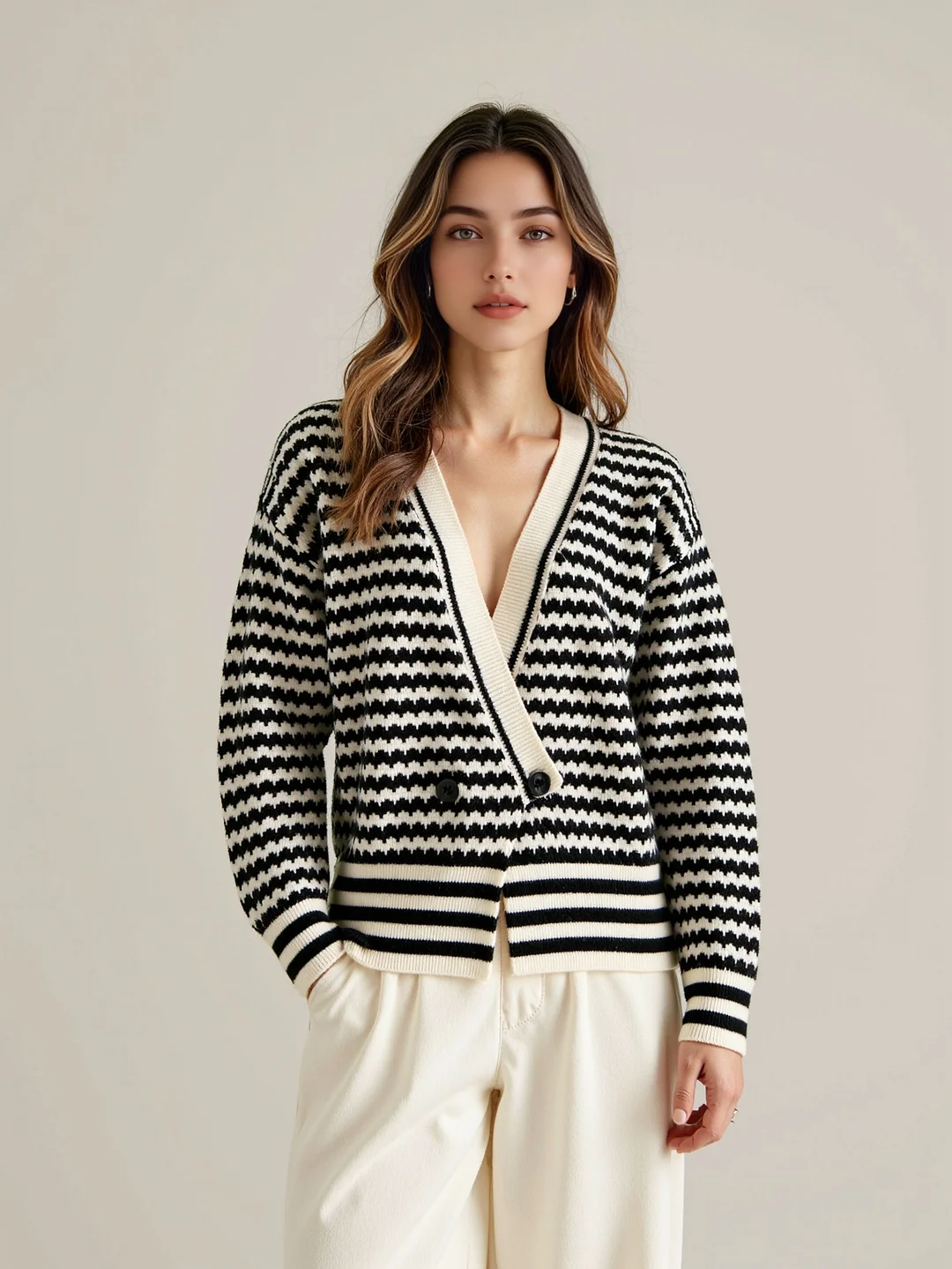 Nigikala Nigikala East Autumn And Winter V-Neck Knitted Shirt Buckle Cardigan New Striped Hit-Colored Sweater Woman