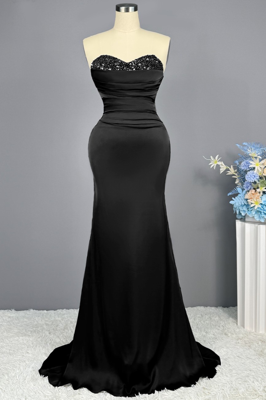Ovlias Strapless Long Black Sweetheart Neck Mermaid Prom Dress Off The Shoulder Pleated Gown With Sequin Applique