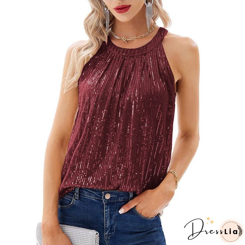 Women's Summer Solid Color Halter Sequined Slightly Tops