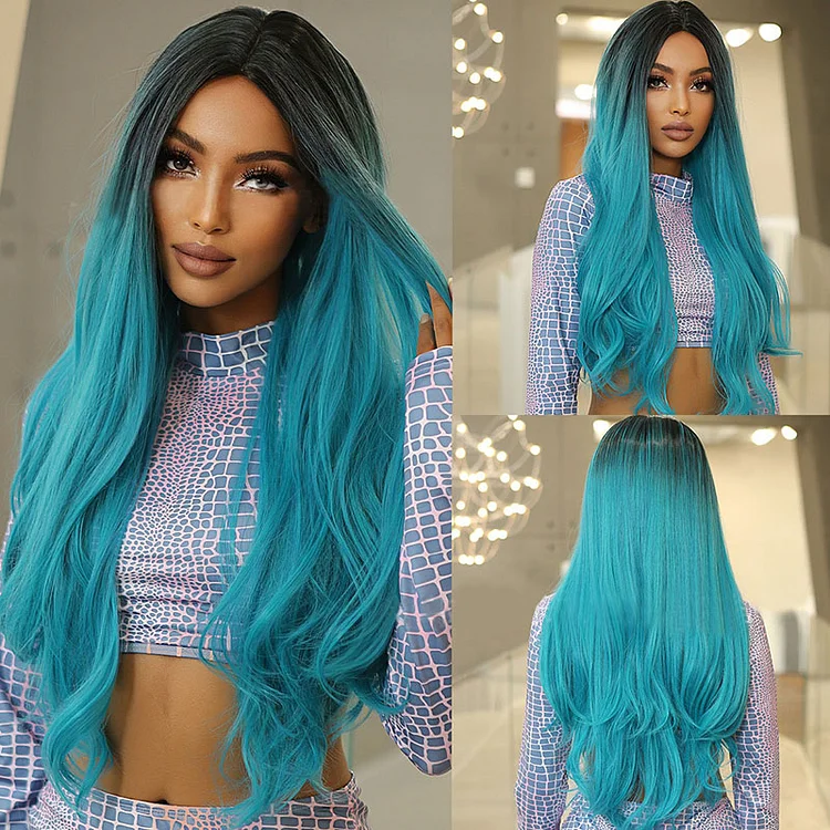 Festival Blue Gradient Cosplay Long Curly Wigs