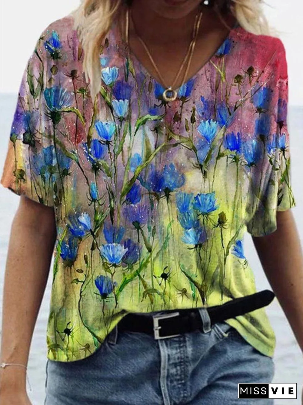 New Fashion Women's Abstract Printed Short Sleeve Tops Casual Blouse Fashion V-neck Tshirt