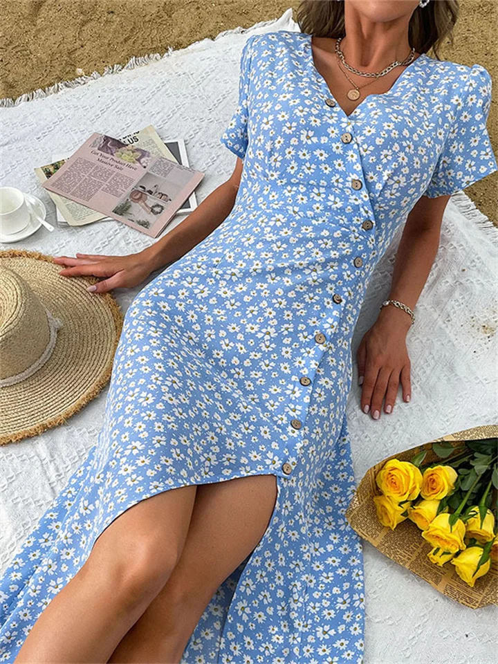 Summer Temperament Women's Slim-fit Holiday Wind Flared Sleeve Print V-neck Dress