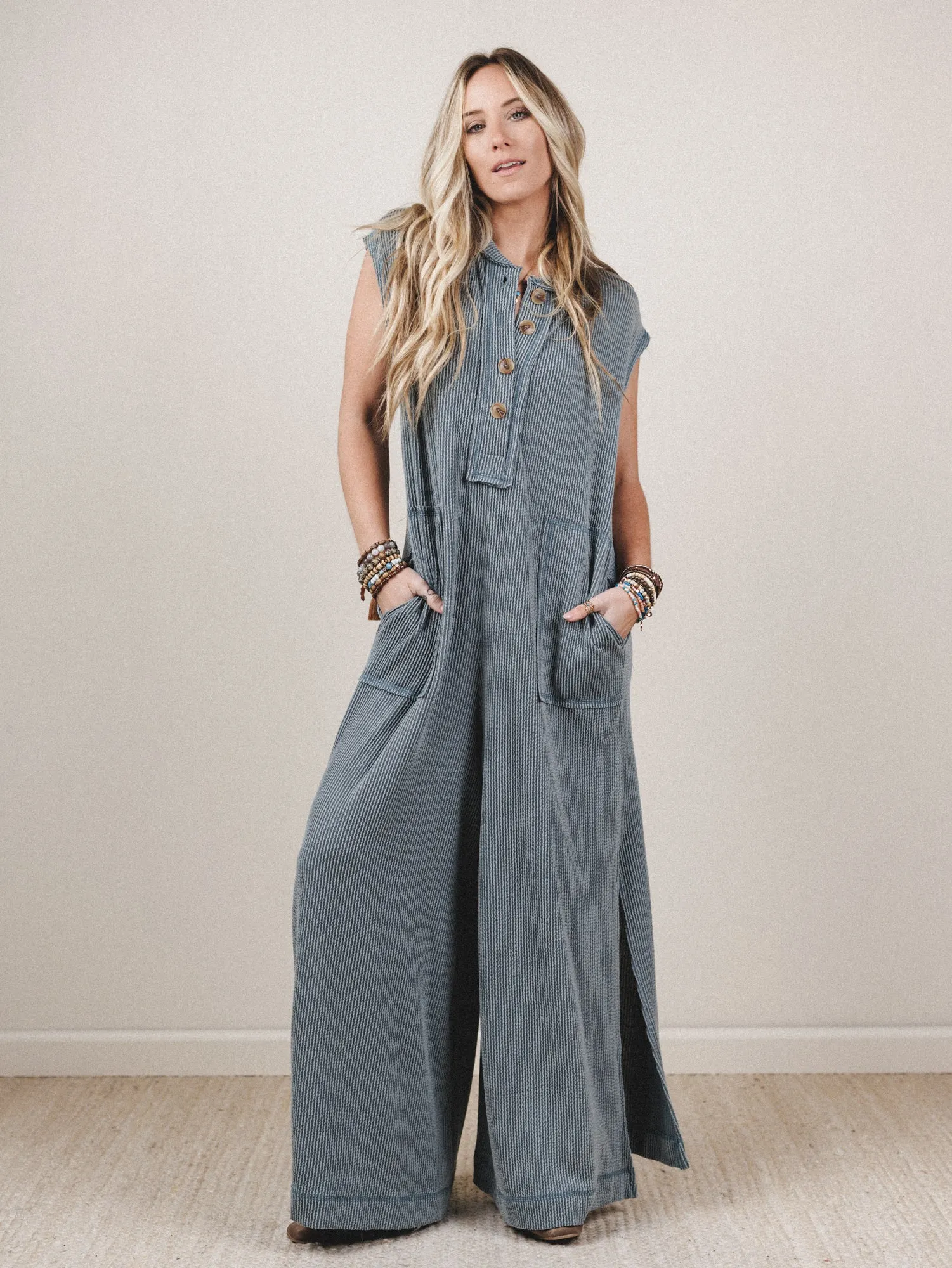 The Nest Madeline Textured Jumpsuit - Seafoam