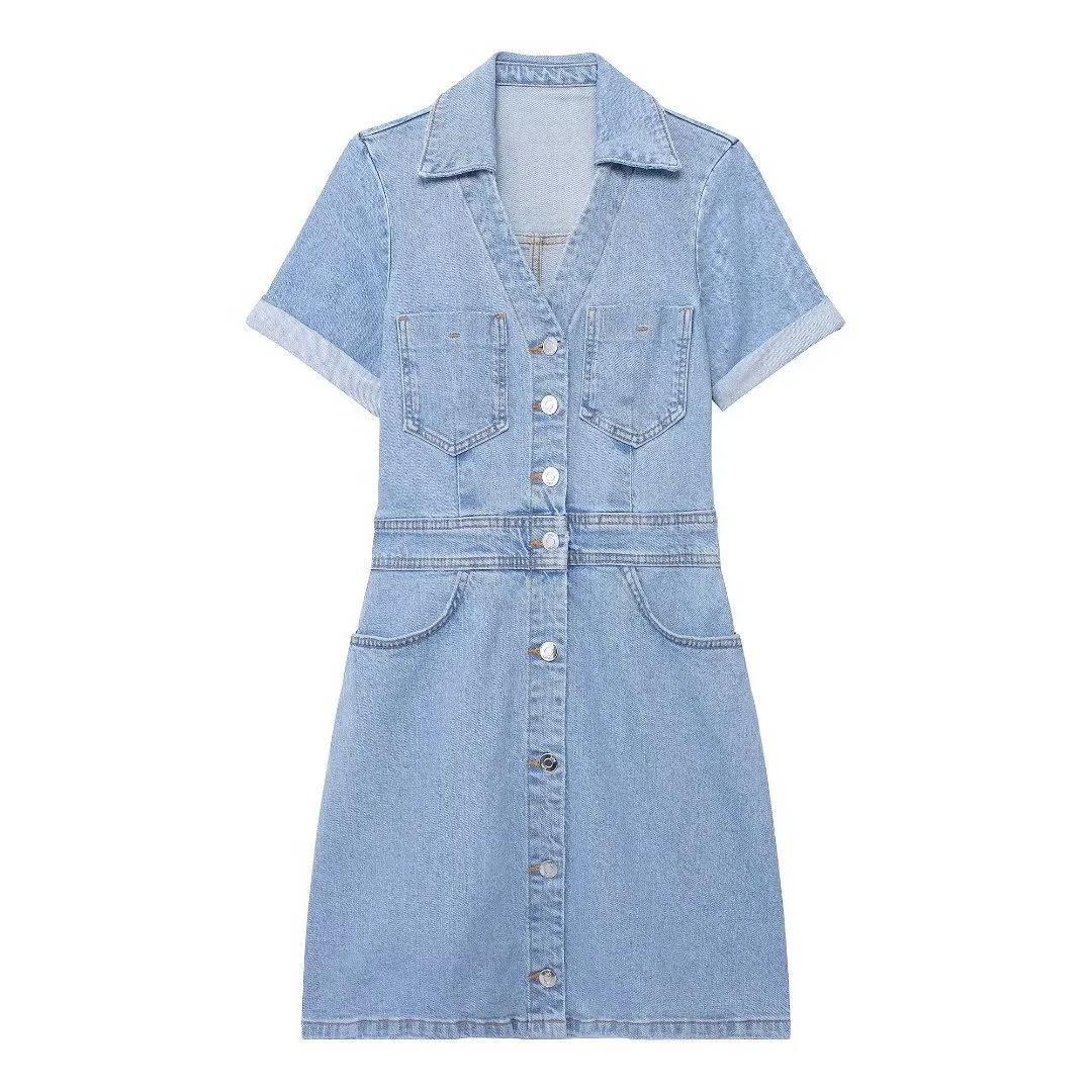 Women's Slim Fit Sexy V-Neck Denim Mini Dress Short Sleeve