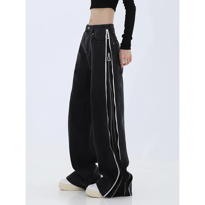 Aiertu American Vintage Black Spring Summer Zipper High Waist Straight Jeans Women's Casual Baggy Y2K Wide Leg Grunge Denim Trouse Aiertu