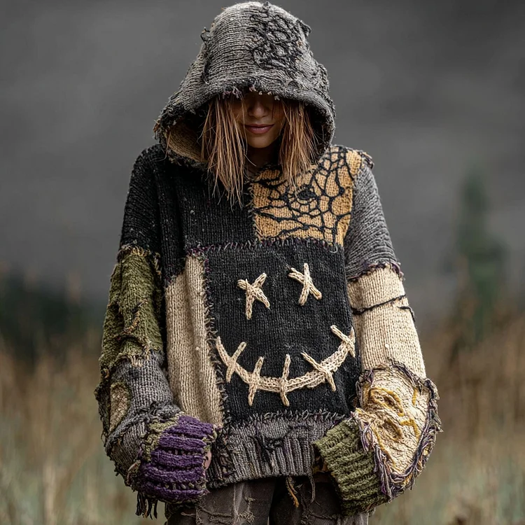 Halloween Spooky Face And Spider Web Patchwork Design Cozy Knit Hooded