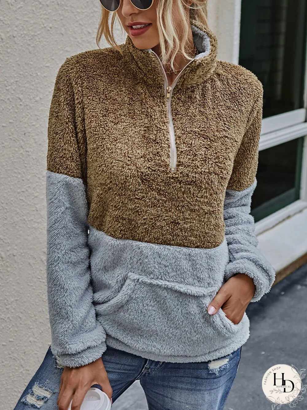 Patchwork Long Sleeve High Neck Zipper Fly Pocket Sweatshirt For Women