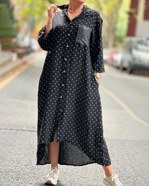 Polka Dot Asymmetric Hem Long Sleeve Loose Maxi Dress