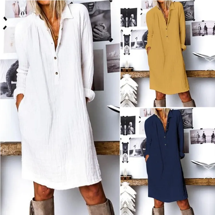 Pure Color Cotton and Linen Long-sleeved Short Dress Woman's Dress-vocosishoes