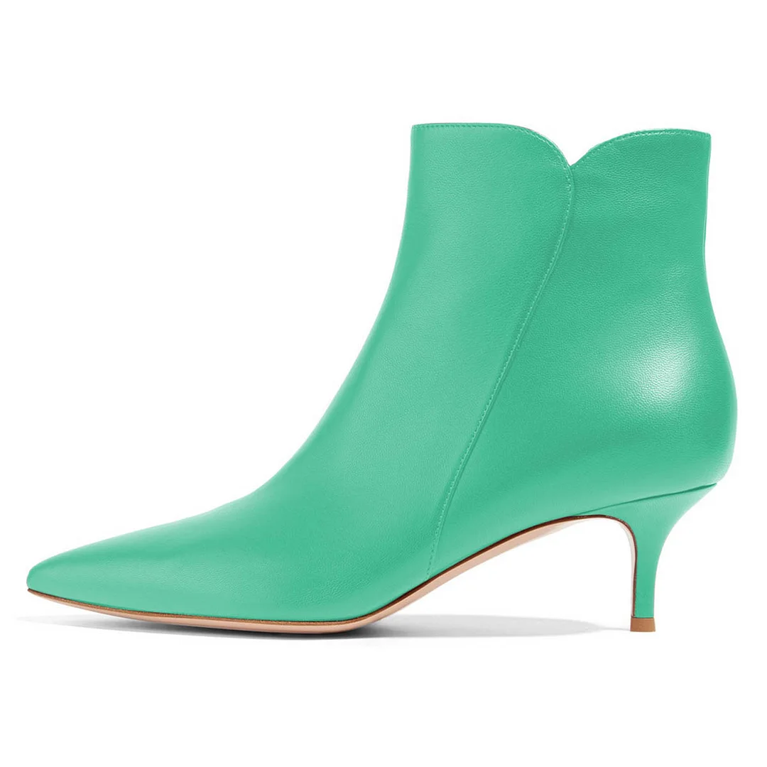 Turquoise Faux Leather Pointed Toe Side Zipper Kitten Heeled Booties