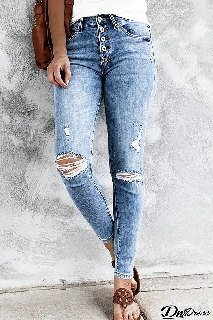 High Rise Button Fly Distressed Slim-fit Jeans