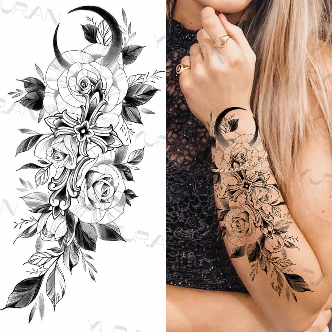 Black Large Snake Flower Fake Tattoo Sticker For Women Dot Rose Peony Temporary Tattoos DIY Water Transfer Tatoos Girls 530