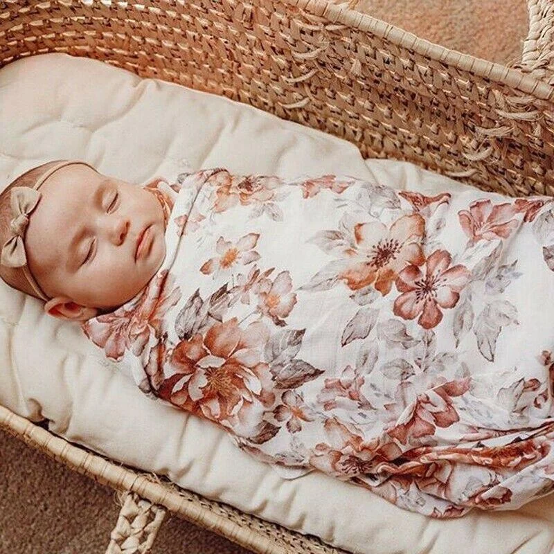 2019 Baby Blanket Swaddling Newborn Floral Muslin Swaddle Baby Girl Blanket Parisarc Wrap Sleeping Bag Towel + Headband 2Pcs Set
