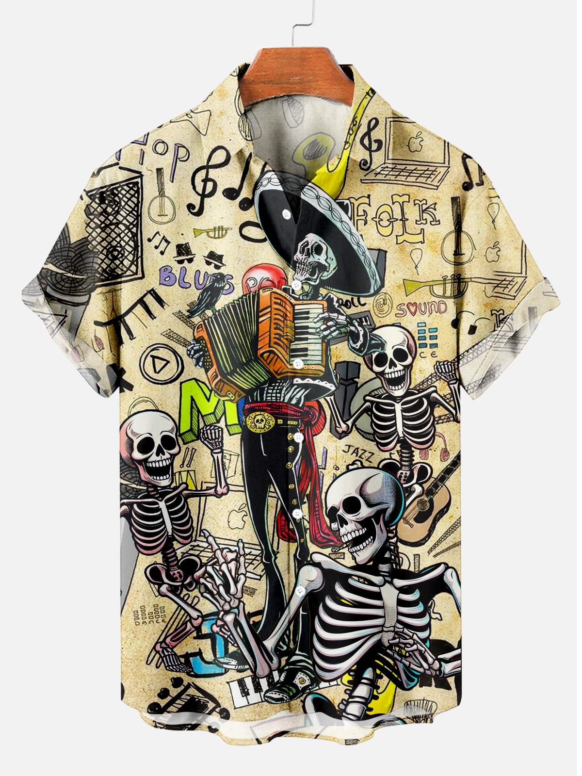 Men's Day of the Dead Street Musicians Short Sleeve Print Shirt PLUSCLOTHESMAN