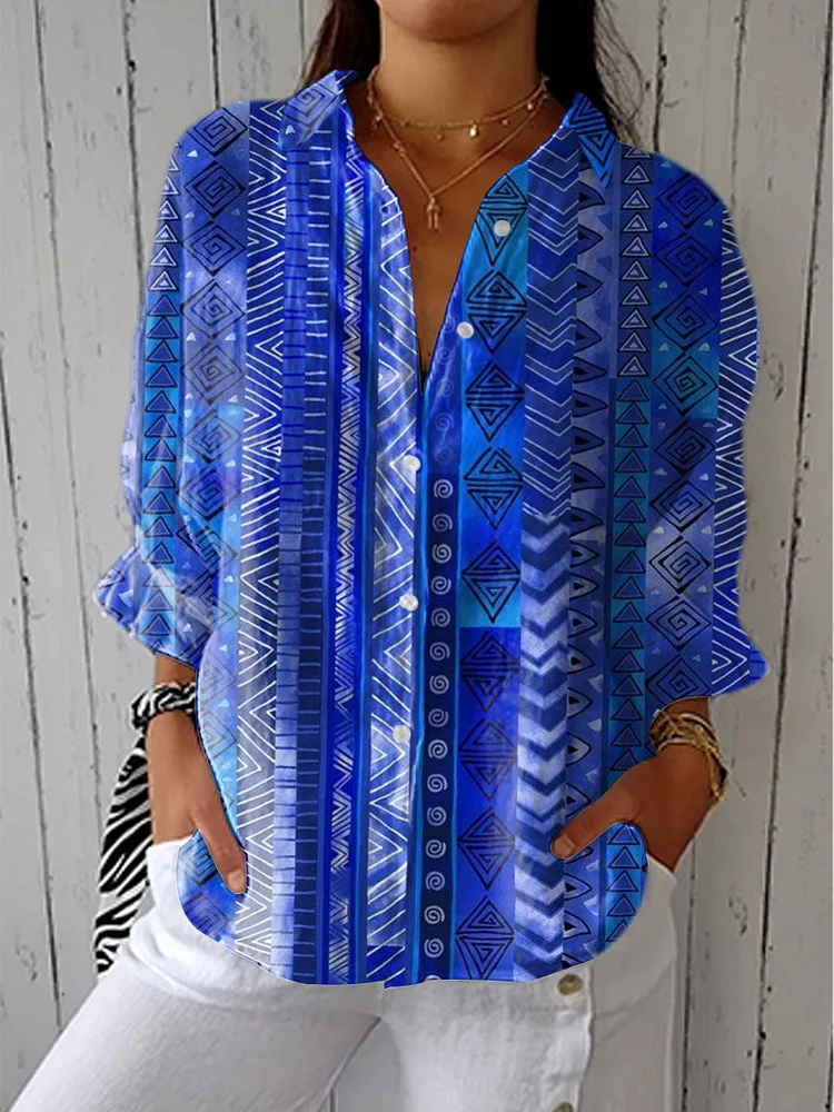 Women's Vintage Colorblock Geometric Art Print Casual Linen V-neck Shirt