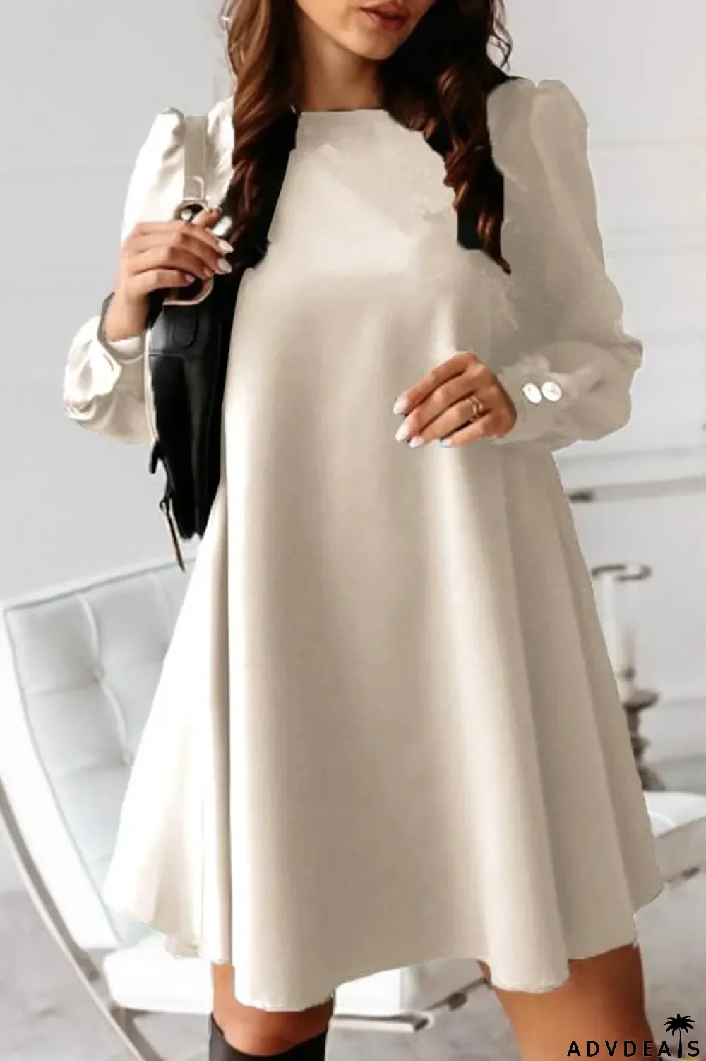 Back Button Solid Color Midi Dress