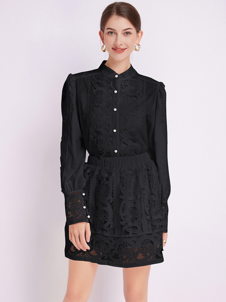 Summer Holiday Embroidery Two Piece Set Women Long Lantern Sleeve Loose Shirt Top And Elastic Waist Hollow Out Skirt Suits