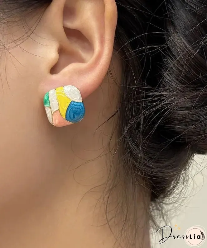New Fashion Alloy Enamel Square Contrast Color Stud Earrings Female Sweet
