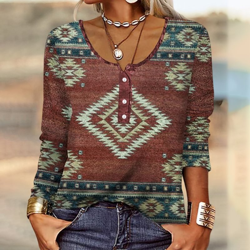 Casual Western Print Long Sleeve T-Shirt