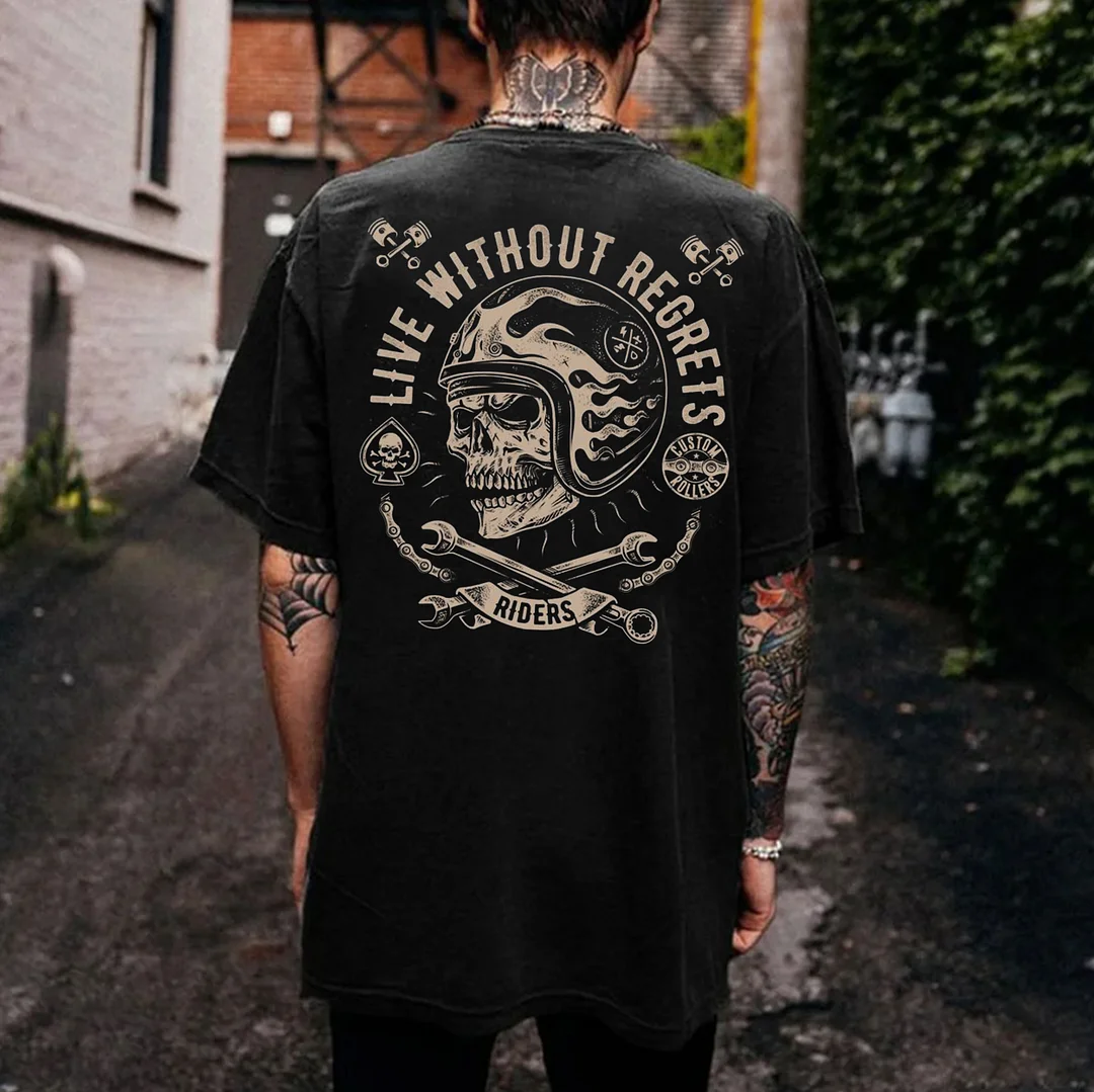 LIVE WITHOUT REGRETS Helmet Skull Print Men's T-shirt