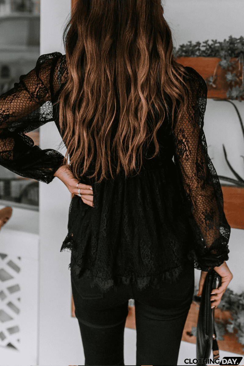 Sheer Lace V Neck Bow Tie Blouse