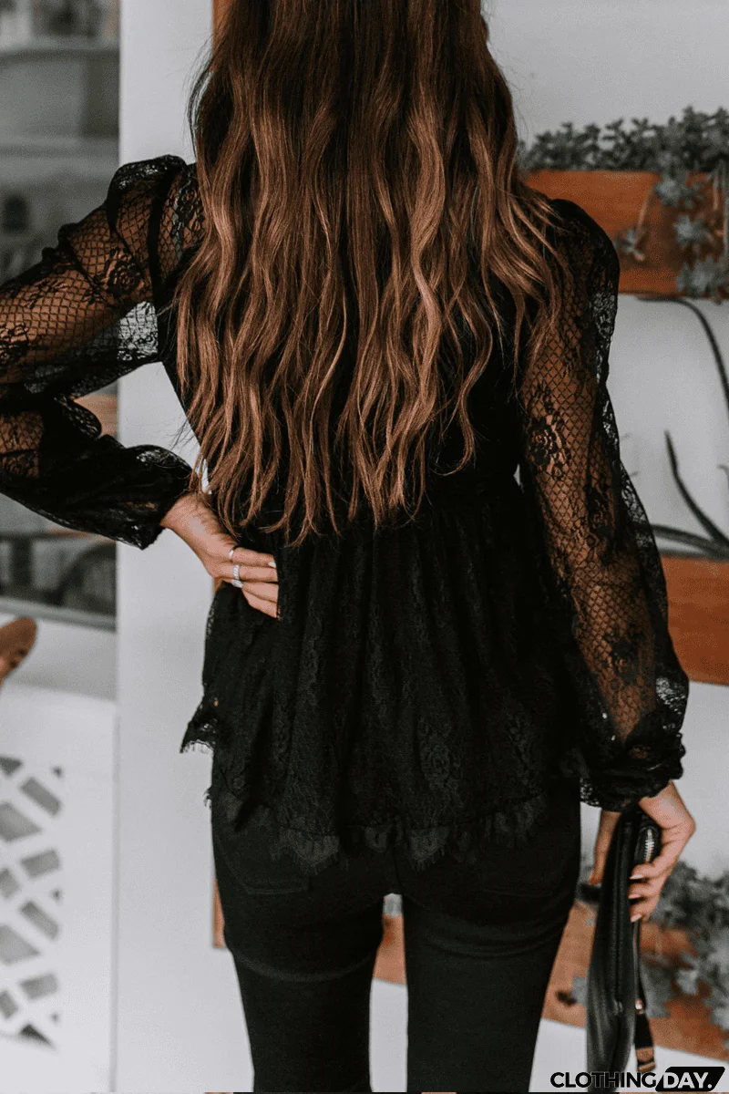 Sheer Lace V Neck Bow Tie Blouse