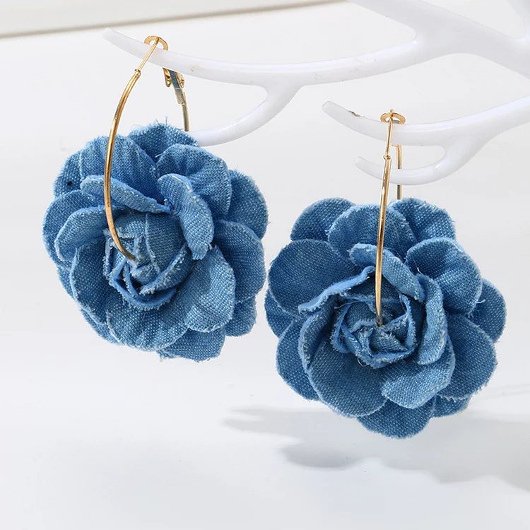 Elegant Camellia Shaped Cloth Beaded Dangle Earrings