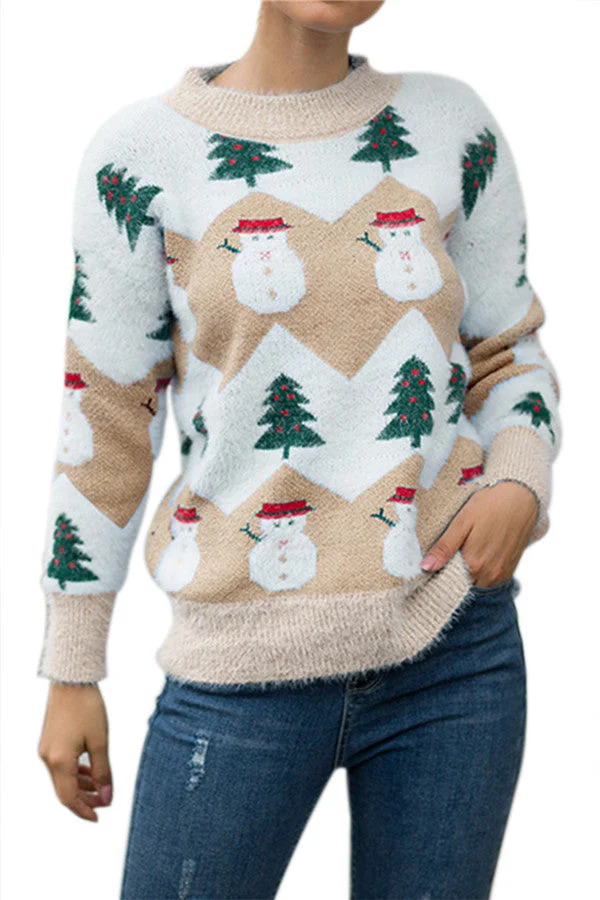 Snowman Christmas Tree Pullover Sweater Khaki-elleschic