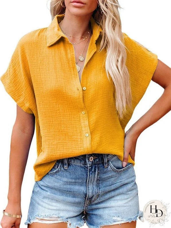 Versatile Solid Collar Loose Fit Blouse with Short Sleeves