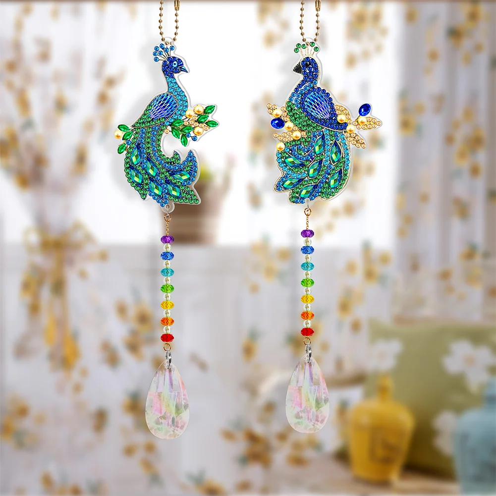 2pcs DIY Diamond Painting Sun Catcher Pendant - Peacock