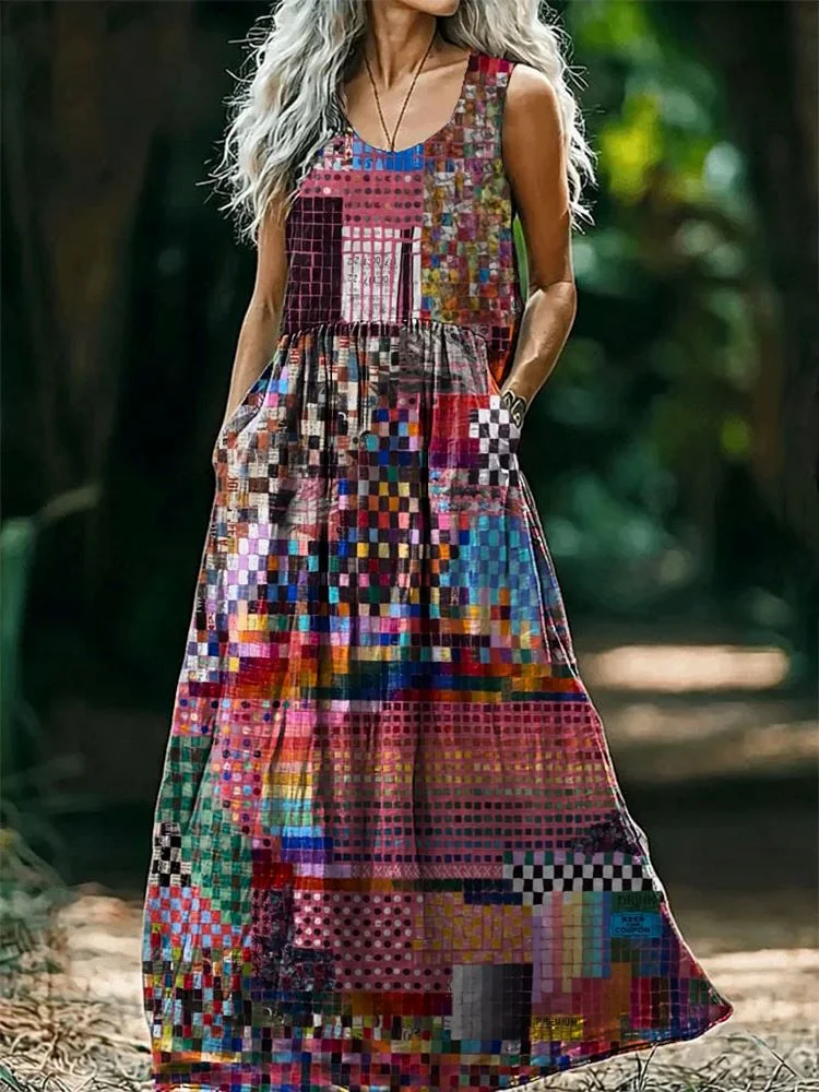 Women's Colorful Patterns Art Print Round Neck Sleeveless Cotton Pocket Dresses